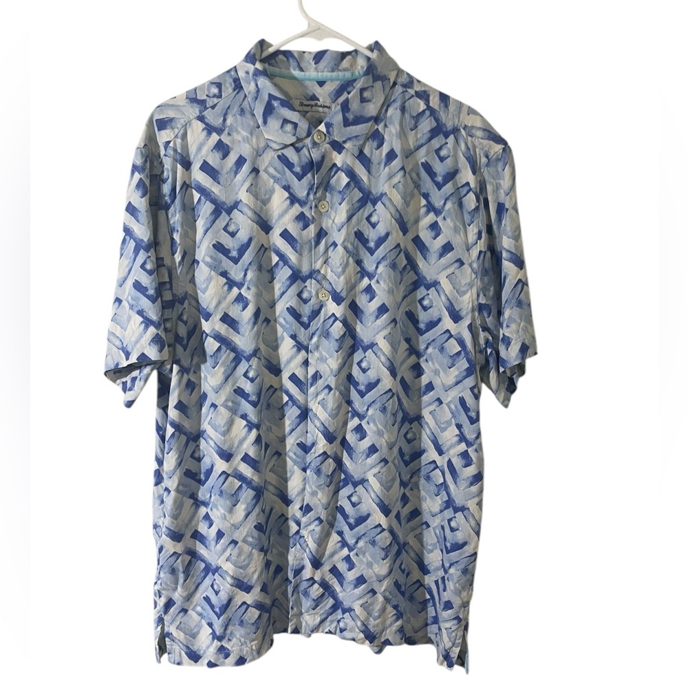 Tommy Bahama Men’s XL Blue Silk‎ Geometric Button Down Short Sleeve Shirt Resort